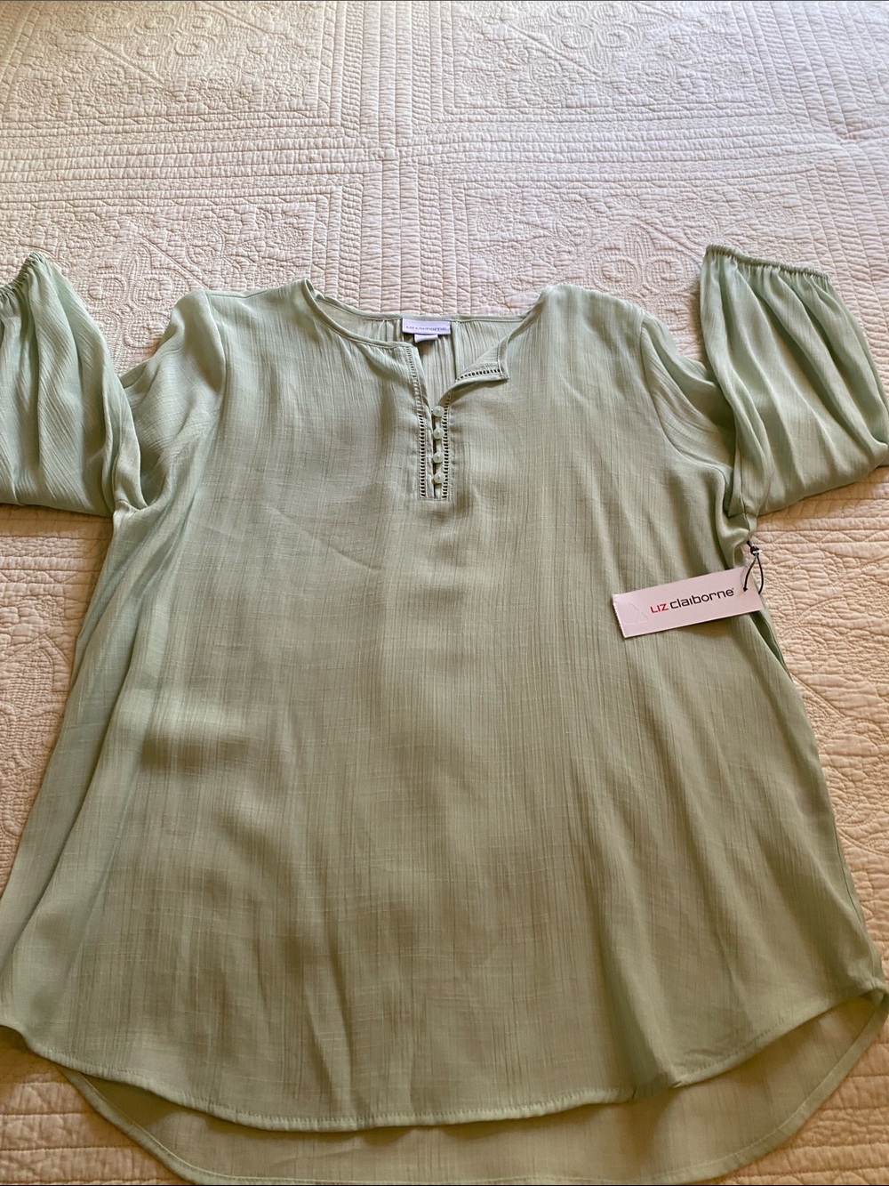 Liz Claiborne Sea Foam Green Sheer Button Front Peasant-Style Blouse Sz Large